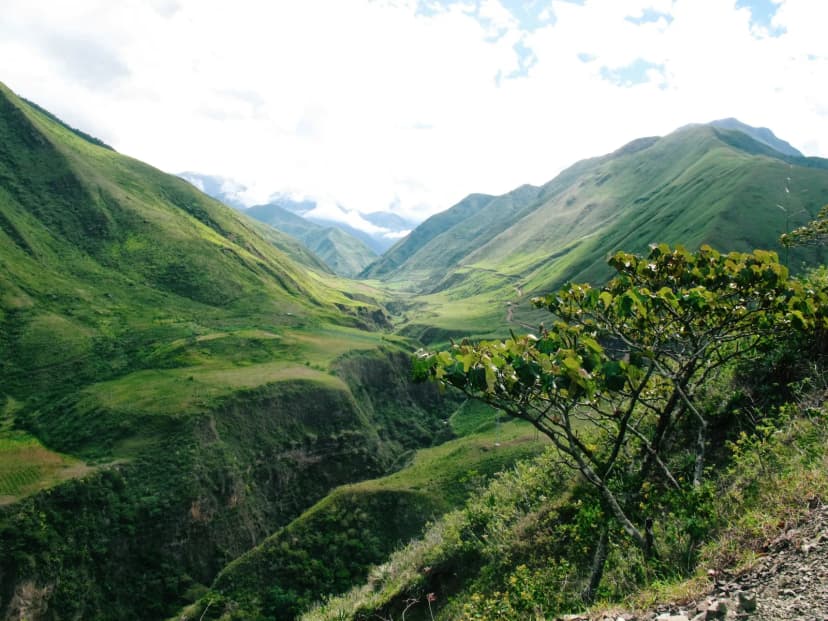 Bright green Andean valley with layered mountain ridges
