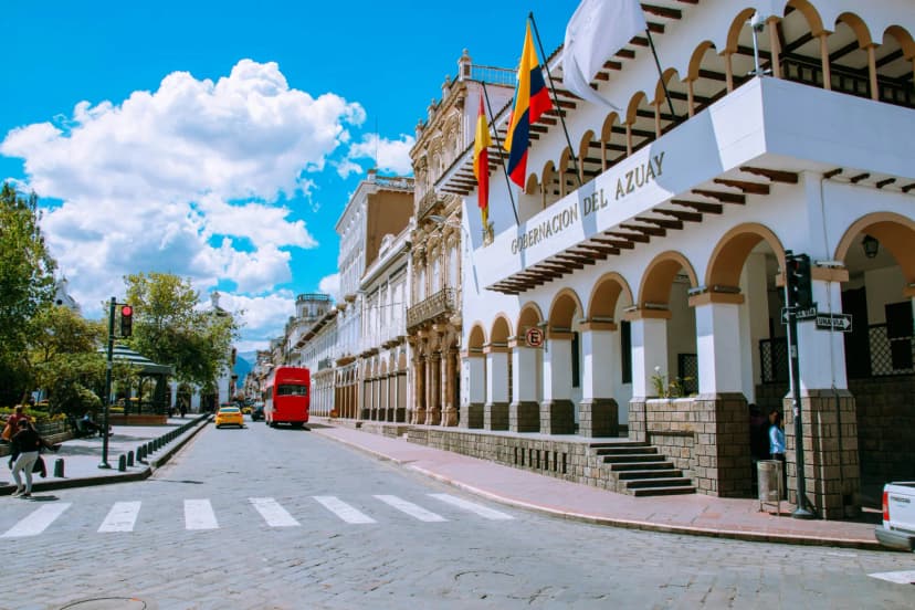Historic civic building and quiet street in Cuenca