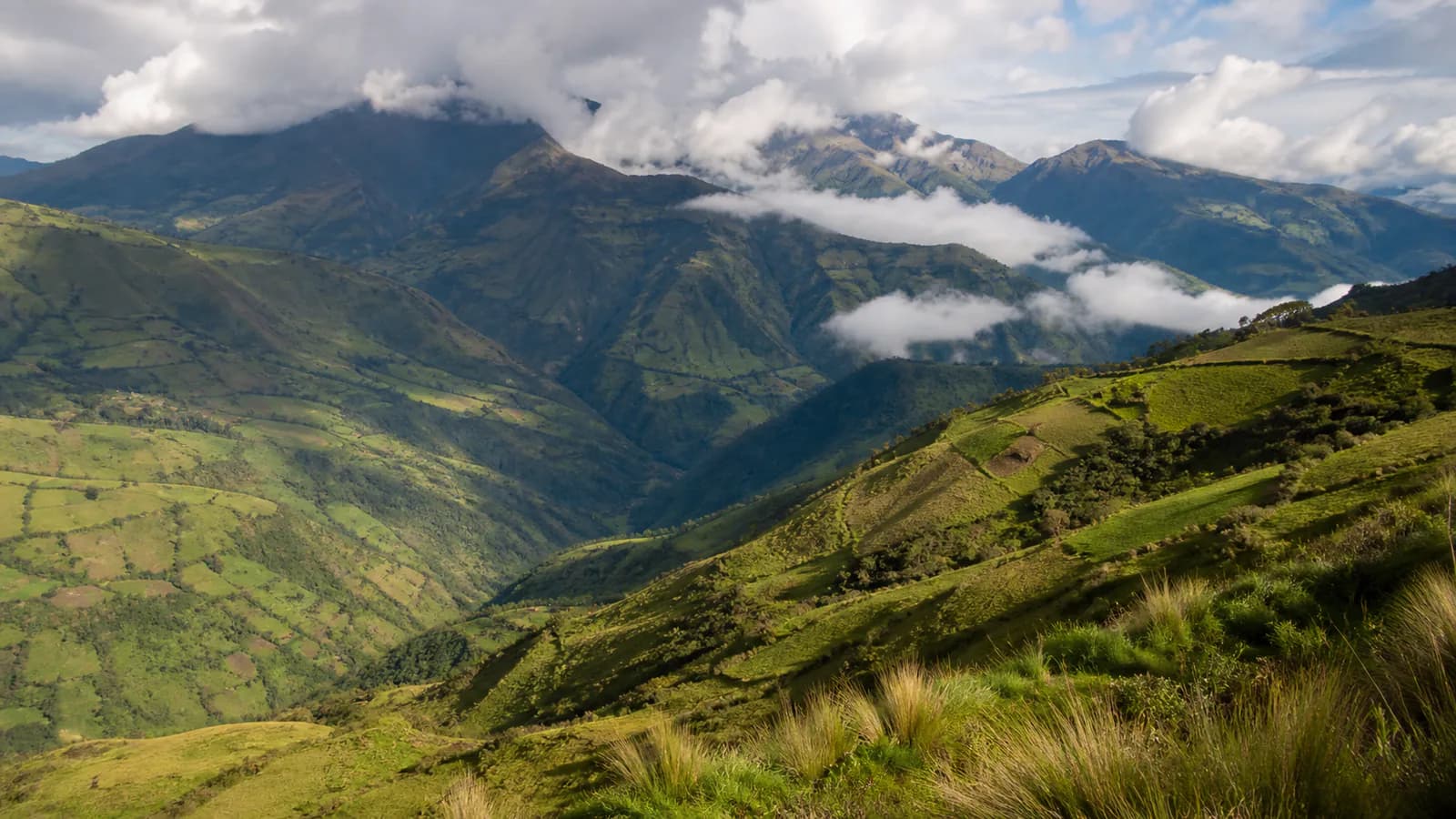 Green valleys and cloud-covered Andes mountains in Ecuador
