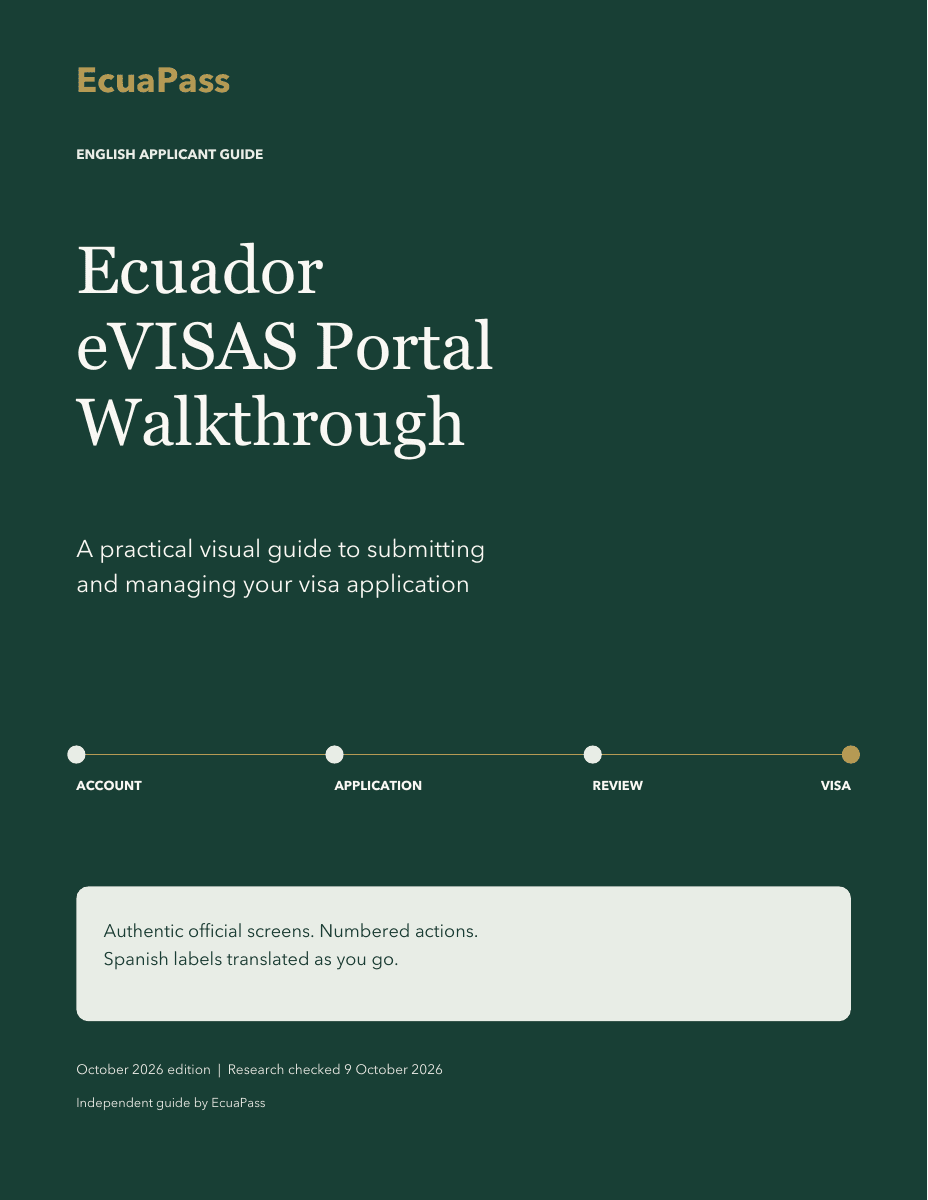 Cover of the EcuaPass Ecuador eVISAS Portal Walkthrough, October 2026 edition