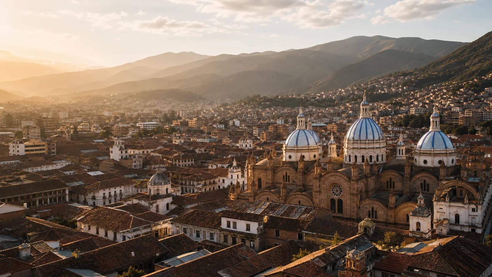 Aerial view of Cuenca’s historic center and cathedral beneath the Andes at golden hour