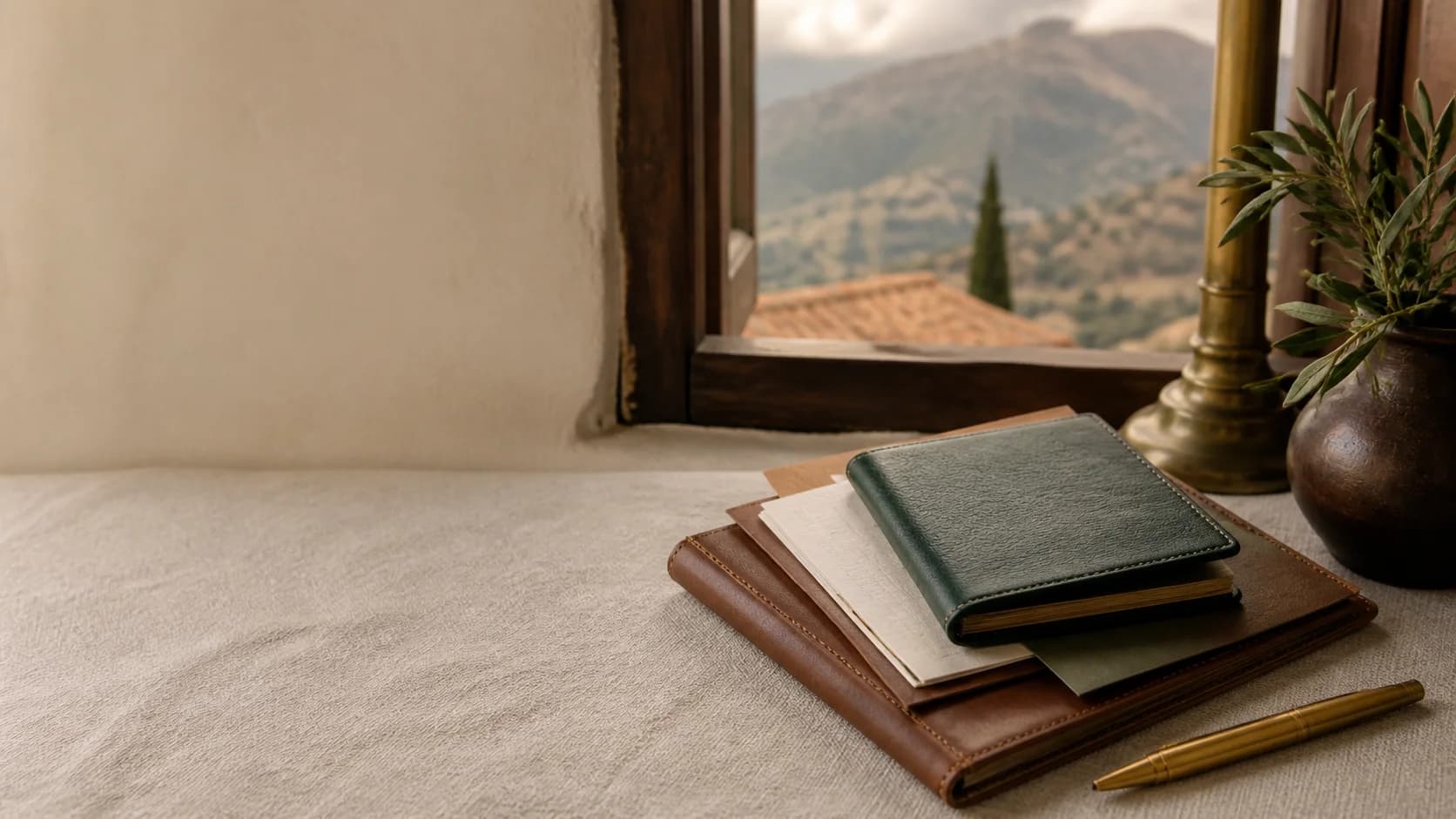 Travel documents and a green passport holder beside a window overlooking the Andes