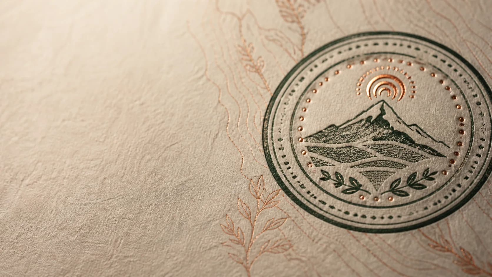 Abstract forest-green and copper residence stamp on warm paper