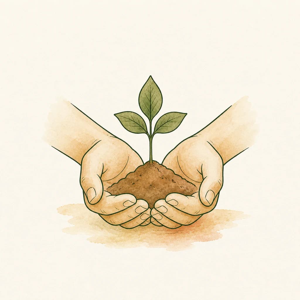 Hands holding a seedling, an illustration of service and community